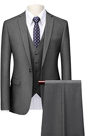 Men's 3 Piece Solid Color Suit Set Single Breasted Slim Fit Jacket Vest Pants Business Wedding Prom Blazer Sets (Dark Grey 1,Medium)