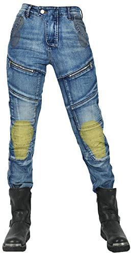 QIYUANT Femme Pantalon de Moto en Jean Anti-déchirure Stretch Vintage Pantalon de Protection avec Amovible Protéger Pads pour Racing Vélo (Bleu, M)