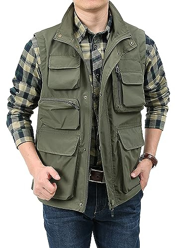 Sukany Men's Casual Lightweight Utility Vest Outdoor Fishing Safari Gilet Cargo Shooting Travel Waistcoat with Pockets Army Green XL