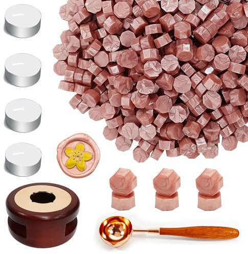 Wachs Siegel Perlen Set, Ioggtser Siegelwachs Perlen Set mit 400PCS Rose Gold Wachs Siegel Perlen, Wachs Siegel Warmer, Schmelzlöffel, 4 PCS Kerzen, Wachs Siegel Kit für Hochzeitseinladungen