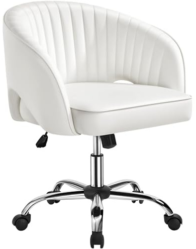 Yaheetech Desk Chair, Swivel Makeup Vanity Chair with Tufted Barrel Back | Faux Leather Office Chair, Adjustable Height and Armrest, 136kg Load Capacity, Accent Armchair for Home Office,Cream