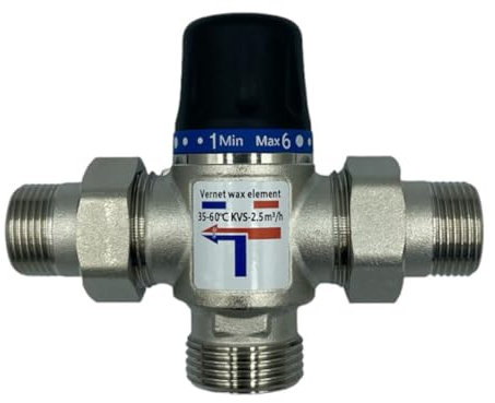 HM | Vanne mélangeuse thermostatique solaire 1 laiton chromé, 3 rallonges 3/4 mâle | Réglage 35-60°C, pour eau chaude et froide | Installation facile, pour chauffe-eau et systèmes solaires