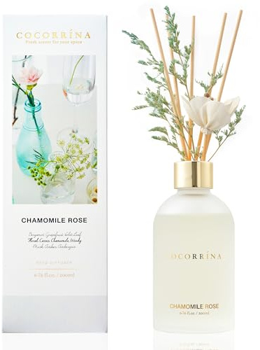 Cocorrína Diffusore Profumo Ambiente - Camomilla Rosa Set di diffusori di canne da fiori da 200 ml con 14 bastoncini - Fragranza per la casa, camera da letto, bagno, scaffale