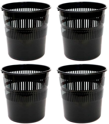Acan Tradineur - Pack de 4 Papeleras de plástico con Rejilla - Cubo para Basura - Ligera y Resistente - Fabricada en España - Ø 27,5 x 28 cm - Color Negro