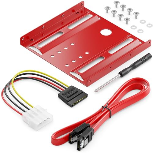 deleyCON Einbaurahmen für 2,5 Festplatten SSD's auf 3,5 Adapter Wechselrahmen Mounting Frame Halterung Schienen inkl. Schrauben Stromadapter SATA Kabel & Schraubendreher - Rot