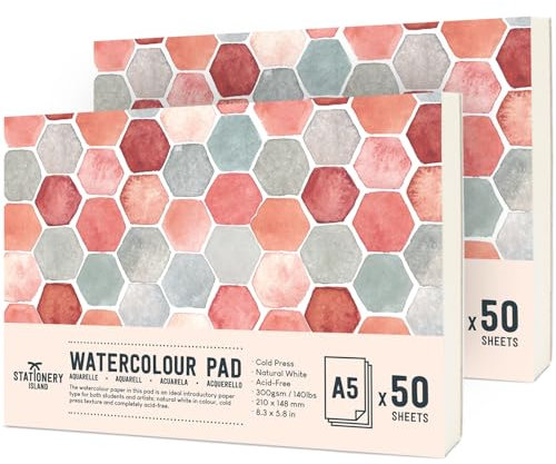 STATIONERY ISLAND Watercolour Paper A5 Pad, 50 Sheets, Pack of 2 - Natural White 300gsm Glue Bound, Cold-Pressed Texture, Watercolour Sketchbook for Painting, Drawing and Mixed Media