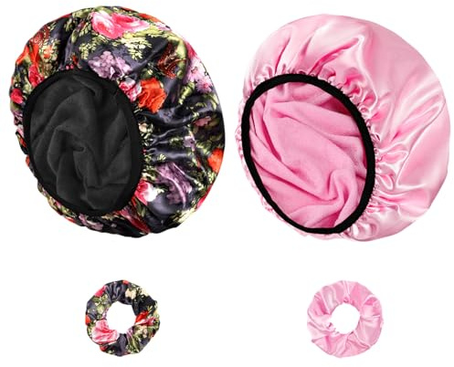 Shower Cap for Women, 2 PCS 3 Layers Terry Lined Shower Caps + 2 Satin Scrunchies, Waterproof Terry Cloth Bath Caps Elastic and Reusable Hair Cap for Shower - (Pink+Flower A)