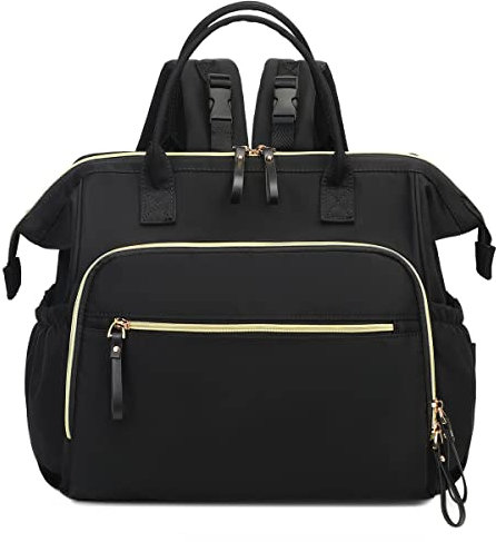 LORADI Umwandelbare Wickeltasche, weit oben offen, 14 Taschen, Windelrucksack mit Kinderwagen-Schnalle, wasserabweisend, Schwarz / Gold, Large, Wickeltasche