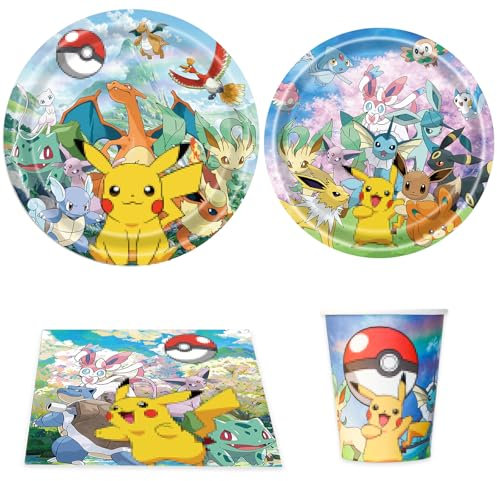 GOACRS Pappgeschirr Set, 80 Stück Partygeschirr mit Pappteller Servietten Tischdecke für 20 Gäste, Bunte Papier Teller Becher, Cartoon Anime Geschirr für Kindergeburtstag Partydeko Tischdeko Zubehör