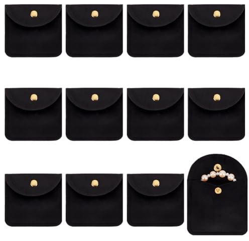 UNICRAFTALE 12Pcs Pochette a Gioielli in Velluto Morbido Pochette Rettangolare Nera Sacchetto Regalo per Gioielli con Bottone a Pressione Sacchetto di Riordinamento Portatile per Anello, Orecchino