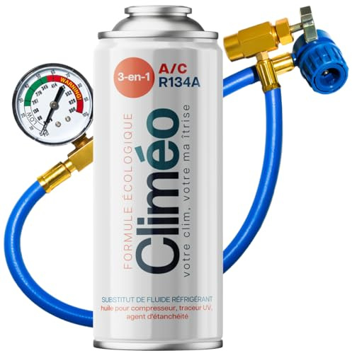 Climéo 3in1 Set di Ricarica Refrigerante R134a R12 - Ricarica e Manutenzione dell'aria Condizionata da Soli - Equivalente a 625g di R134a - Sigillante & Olio - Stop Leak e Manutenzione per Auto