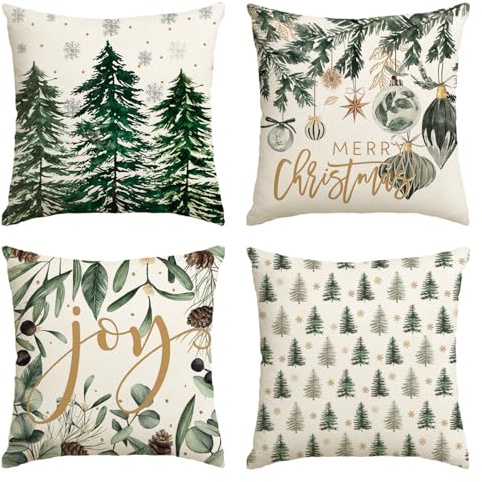 Artoid Mode Boules de Noël Sapin Eucalyptus Flocons de Neige Housse de Coussin 4 Pièces, 40x40 cm Housse de Coussin de Noël Décorative Couverture de Coussin Décoration de Canapé