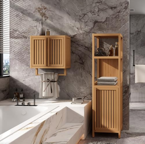 Ball & Cast Bamboo Storage-Cabinet, Bathroom Freestanding Cabinet with Slat Door & 2 Shelves,Multi-Purpose Bamboo-Floor Organizer for Entryway Living Kitchen Entryway, Natural