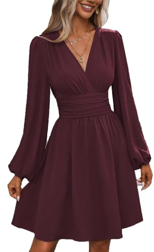 UUAISSO Vestito Casual da Donna Manica Lunga Vita Alta A Line Abiti Avvolgenti Scollo a V Midi Dress Rosso Porpora L