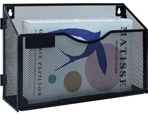 HIHOBDAY 1 Tier A4 Mesh in Tray Hanging Wall File Holder Magazine Document Holder Mail Organiser Magazine Storage Rack,Durable Metal Mesh Filing Storage, Black