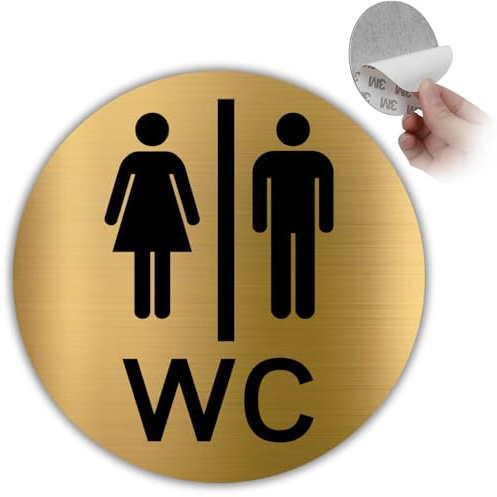 LEIASA | Señal WC Mixto Dorado - Diámetro 10 cm - Grosor 0.8 mm - Aluminio - Placa Redonda Adhesiva - Cartel Baño Unisex - Signo Aseos - (Baño WC Unisex)