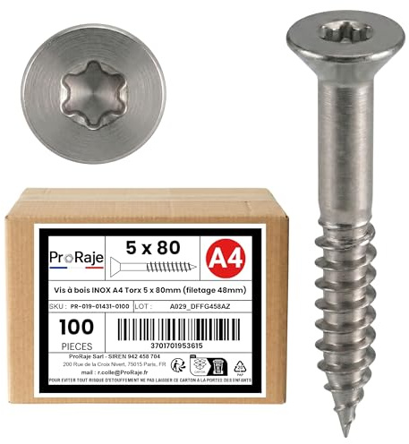Träskruvar i rostfritt stål A4: 5 x 80 mm (48 mm gänga) | försänkt huvud TORX (TX) | A4 rostfritt stål (V4A/AISI 316) | konstruktion/spånskiva/terrass/etc: 100 st set - ProRaje