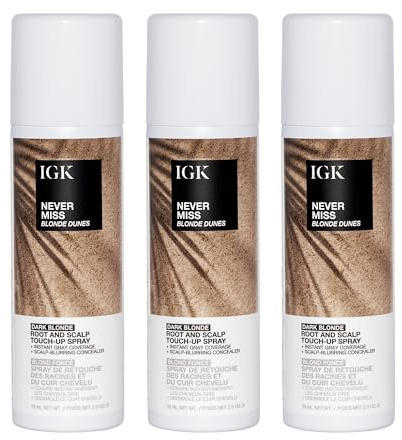 IGK NEVER MISS Root & Scalp Touch-Up Spray, Dark Blonde, Temporary Gray Coverage & Thinning Concealer, All Hair Types, (3 Pack)