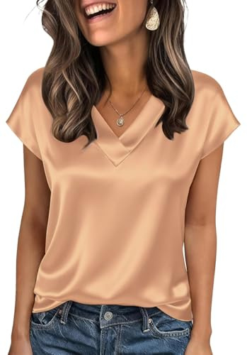 OLIPHEE Camiseta Satén Camiseta Mujer Manga Corta Cuello V Top Mujer Verano Blusa Mujers Satén Casual Elegante Trabajo Verano Rosa M