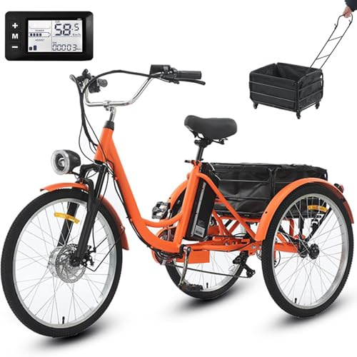 Triciclo Eléctrico Para Adultos De 24 Pulgadas, Autonomía De 35 Km, 7 Velocidades Ajustables | 3 Modos De Conducción | Capacidad De Carga De 200 Kg, Frenos De Disco Delanteros Y Traseros Orange