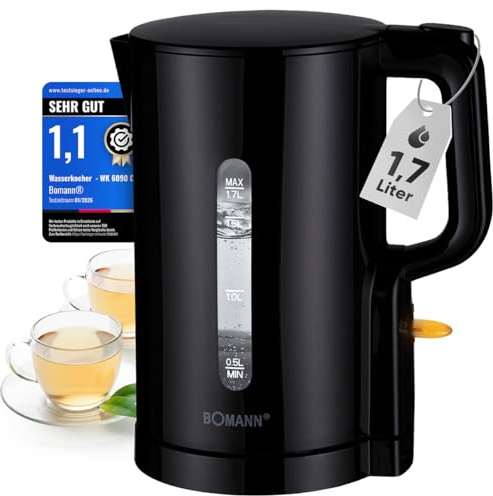 Bomann Wasserkocher 1,7L | 2200W für schnelles Erhitzen | BPA frei | Einhandbedienung | Wasserstandsanzeige | Kettle | Überhitzungsschutz | WK 6090 CB schwarz