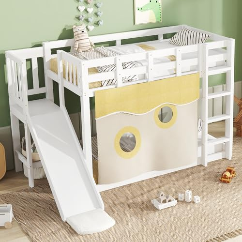 Yihomfy Lit superposé pour Enfants avec Toboggan, lit en Bois avec escalier et clôtures, lit pour Enfant avec Rideau de lit, Protection Anti-Chute, Bois Massif (sans Matelas) (Blanc-02W, 90x200cm)