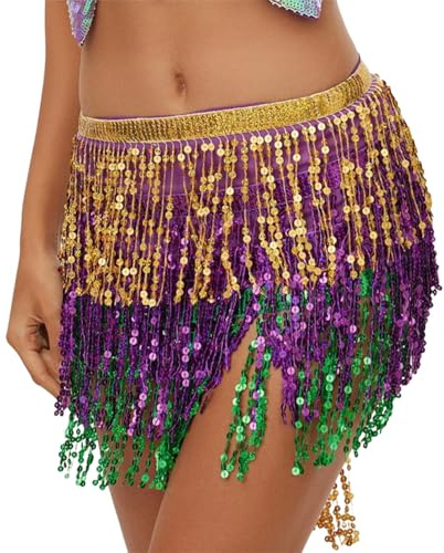Tabanzhe Sequin Tassel Skirt for Women,Belly Dance Fringe Skirt Wrap Hip Scarf,Sparkly Glitter Rave Festival Skirts Adjustable Waist Dance Costume for Party Performance
