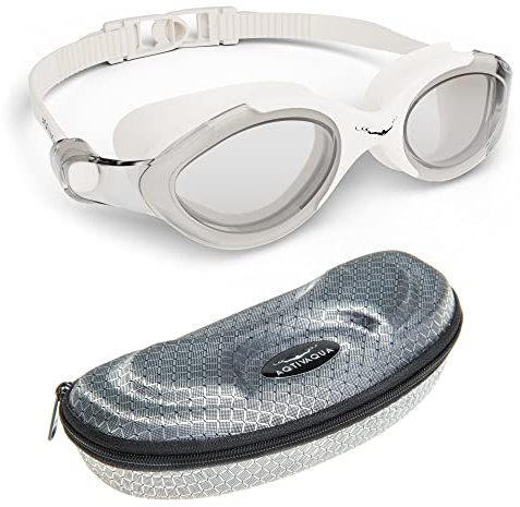 AqtivAqua Schwimmbrille Herren Damen Schwimmbrillen Erwachsene Kinder SX (Weiße Brille + Silberetui)