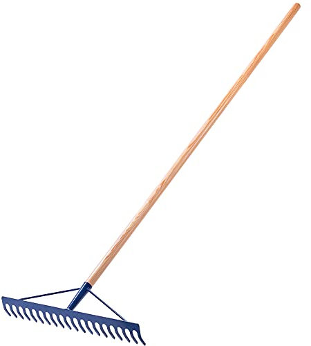 KADAX Rastrillo de jardín de acero, rastrillo plano con cabeza reforzada, herramienta de jardín para recoger piedras (con mango de madera)