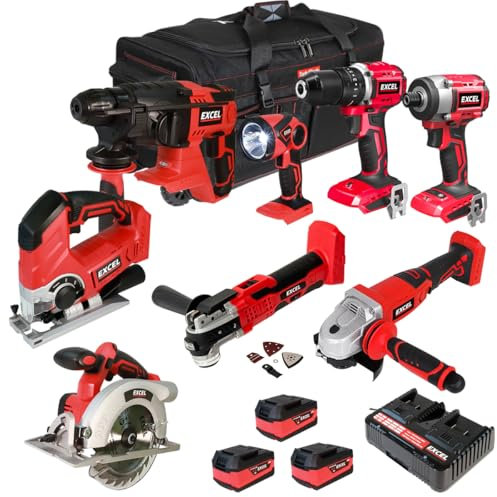 Excel 18V Cordless 8 Piece Tool Kit with 3 x 5.0Ah Battery & Charger in Bag EXL5048- Monster Power Tool Kit- Combo Kit- 18V Cordless Power Tool Kits- Mega Power Tool- Excel kit