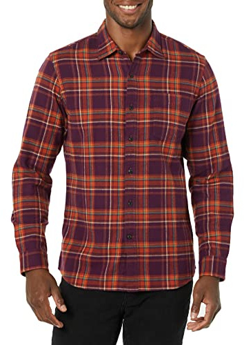 Amazon Essentials Men's Slim-Fit Long-Sleeve Flannel Shirt, Burgundy Orange Plaid, X-Large