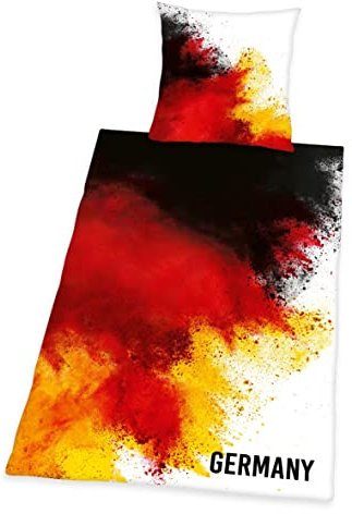 Herding Deutschland Bettwäsche-Set, Kopfkissenbezug 80 x 80 cm, Bettbezug 135 x 200 cm, Mit leichtläufigem Reißverschluss, 100% Baumwolle/Renforcé, Mehrfarbig