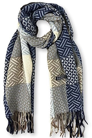 KARMA.DIEM Sciarpa con motivo orientale, a quadretti, XXL, 180 x 60 cm, qualità premium, molto piacevole e morbida, blu/beige, 180x60cm