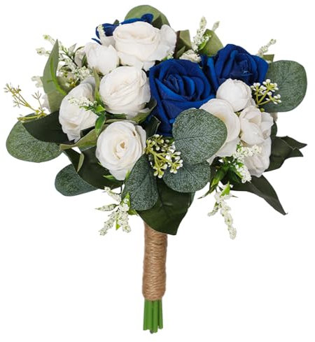 Generic Bouquet de Mariage, Bouquet de Fausses Fleurs, Bouquet Rustique Réaliste pour Mariée, Demoiselle D'honneur, Cérémonie de Mariage Rustique Français, Bleu blanc