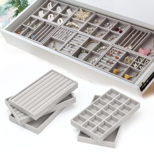 5 Pack Jewellery Organiser Tray for Drawers, Customize Flexible Jewelry Storage Box, Stackable Velvet Removable Dividers, Rearrange, Hold Earrings, Necklaces, Rings for Wardrobe, Dresser, Chest