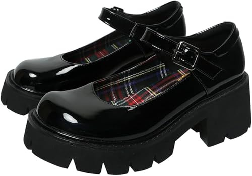 Chaussures Mary Janes à plateforme épaisse pour femme - Style rétro - Avec sangle à boucle - Bout rond - Bout rond - Bouche peu profonde - Style japonais Lolita, Noir , 39 1/3 EU