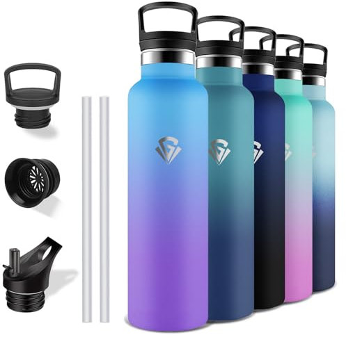 Grsta Gourde Isotherme 1l, Sans BPA, Gourde Paille, Anti Fuite, Inox, Acier Inoxydable 18/8, Adulte, avec Paille et Ouverture pour Boire, pour Randonnée, Camping, Aptitude