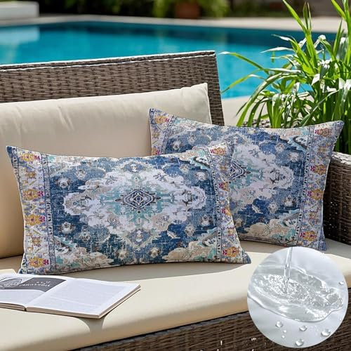 Vorysum Outdoor Kissen 30x50 cm Bohemian Dekokissen Wetterfest Kissenbezüge Vintage Kissenhülle Blau Kissen Sommer Sofakissen für Wohnzimmer Schlafzimmer Garten Dekorative 2er Set