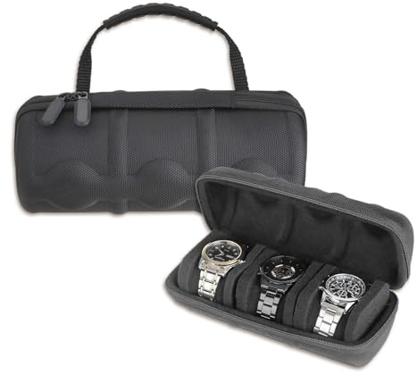 JUMRHFAN Estuche de viaje rígido con 3 compartimentos, organizador de relojes con cremallera para hombres y mujeres, con cojín antimovimiento (negro)