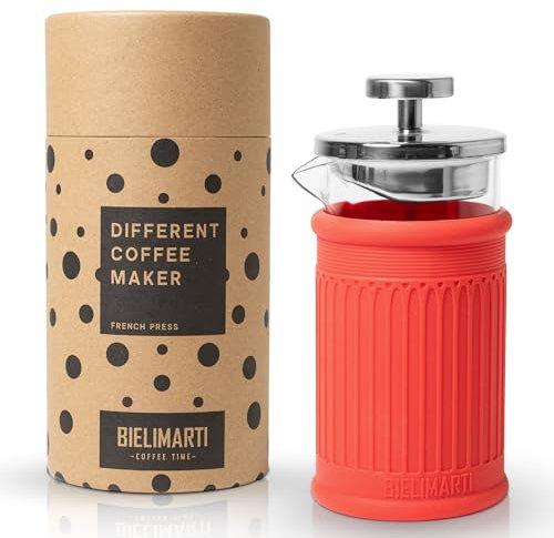 BIELIMARTI Cafetera de Prensa Francesa, 350 ml, Vidrio Borosilicato, Funda de Silicona Térmica,french press,cafetera de embolo (rojo)