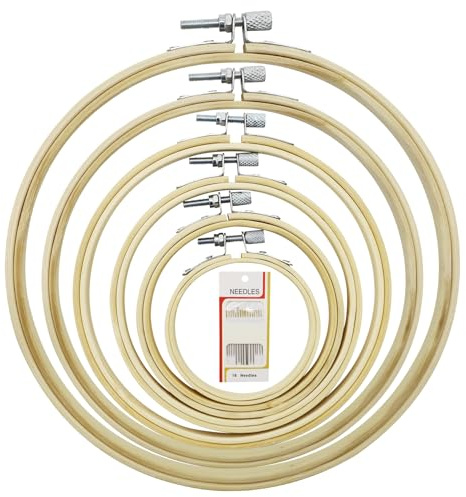 6 telai da ricamo e 16 aghi da cucito, telaio rotondo in bambù, telaio rotondo regolabile, senza sbavature, liscio e leggero, ottimo per ricami, opere d'arte, strumenti fai da te (3/4/5/6/7/8 pollici)