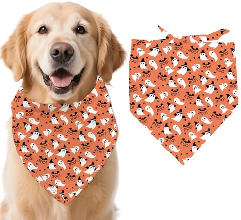 arricraft 1 Pc Halloween Theme Dog Bandana, Ghost Pattern Triangle Adjustable Comfortable Pet Bibs Washable Cotton Scarf Kerchief for Large Dog 78x39cm(30.7x15.35 inch)