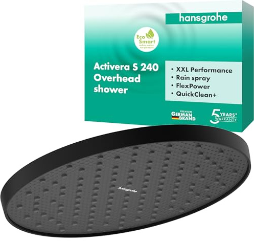 hansgrohe Activera S - vattenbesparande Huvuddusch (EcoSmart), runt Duschhuvud (240 mm), Regndusch med 1 stråltyp för vägg- och takmontering, med antikalk-funktion, matt svart, 28056670