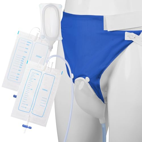 Wearable Urine Collector with Silicone Capsule Breathable Fixed Pants and 2 Urinary Bags 2000ml and 1000ml Reusable Design for Elderly Men, Blue