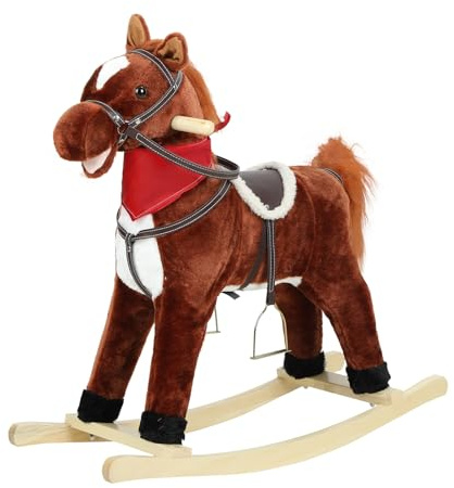 JENPECH Rocking Horse Toy for Kids Plush Ride on Animal with Wooden Rockers, Moving Mouth and Wagging Tail, Musical Sounds, Baby Rocking Chair, 120kg Weight Capacity, Ages 1-6 Dark Brown Small