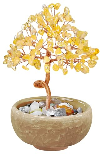 VLYX Citrine Quartz Crystal Tree of Life, Crystal Money Tree | Handmade Yellow Crystal Tree, Natural Citrine Stone, Room Decor, House Gifts, Good Fortune, Desk Ornament, Calming Zen