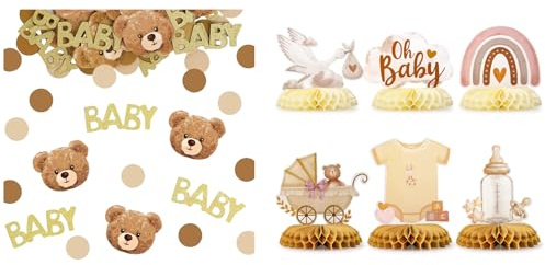 Rainway Decorazione per Baby Shower con 100 Pezzi di 3 Modelli di Corazzini, 6 Pezzi di Cartelli da Tavolo per Baby Shower, Set di Decorazione da Tavolo per Baby Shower, Centrotavola a Nido d'Ape