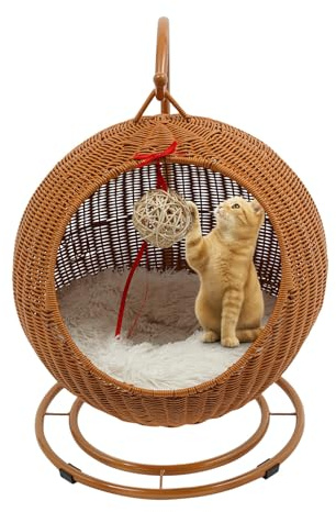 Shinpeed Panier suspendu pour chat - Hamac en imitation rotin - Balançoire confortable avec coussin doux (marron)