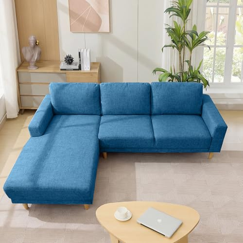 Kingfun L Shaped Corner Sofa, 229cm L Shape Chenille Couch with Solid Wood Legs, Soft Upholstered 3-Seater Corner Modern Sofa with Spring Cushion, Apartment Furniture for Livingroom & Bedroom, Blue
