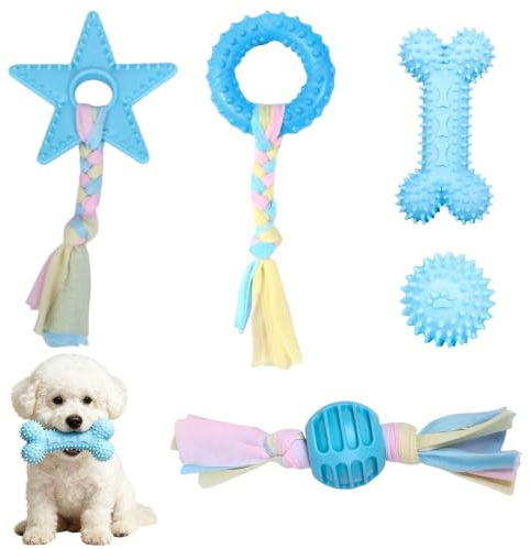 Ajuanbazha 5 Piezas Juguetes para la Dentición de Cachorros, Juguetes Masticables de Goma con Cuerdas de Algodón, Interactivos y Resistentes para Perros Pequeños y Medianos (BLU)